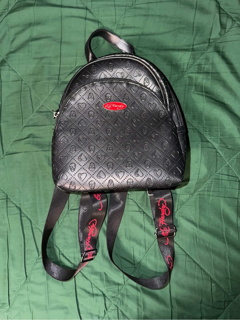 Ed Hardy Embossed Skulls & Hearts Mini Backpack Tiger Lining Black